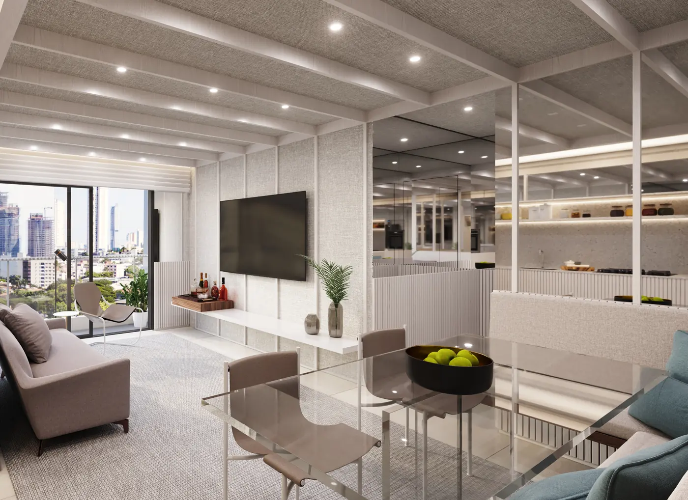 Perspectiva do living da unidade de 70,36 m² do Opus Sync