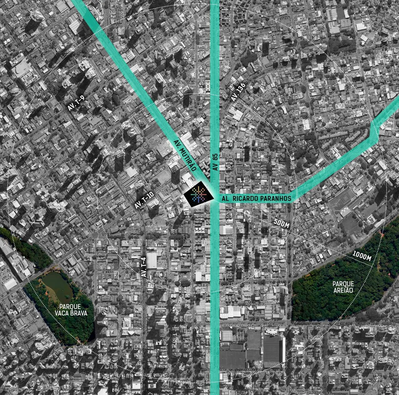 Mapa do Opus Sync no Setor Bueno, Goiânia, próximo aos setores Marista, Oeste, Jardim América e Alto da Glória, entre os parques Vaca Brava e Areião