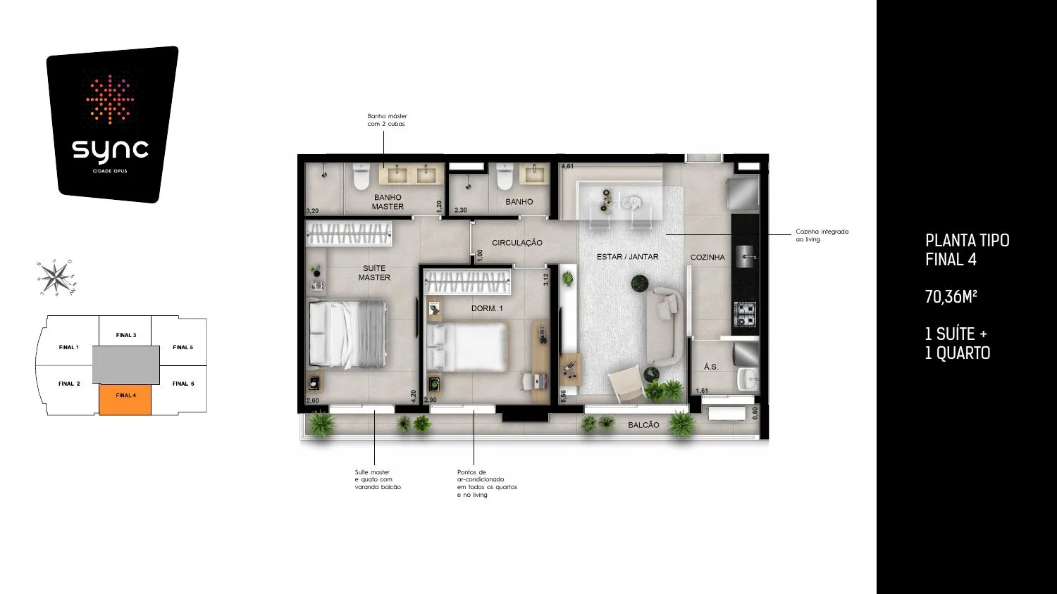 Planta do apartamento de 70,36 m² do Opus Sync no Setor Bueno